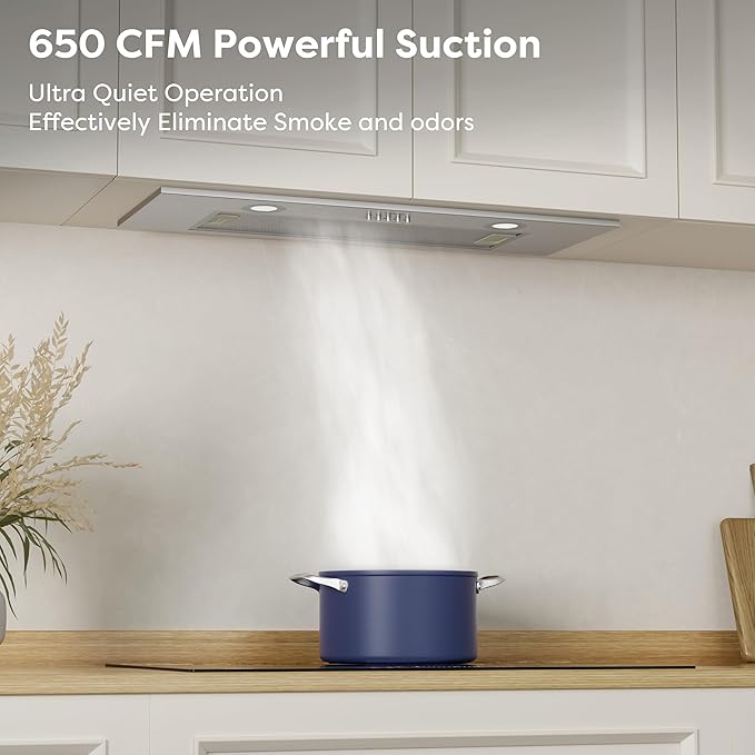 CIARRA 30 Inch Insert Range Hood, 650CFM Built-in Kitchen Stove Vent Hood, 3 Speed Push Button Control, 2 LED Lights & 5-Layer Reusable Aluminum Filters