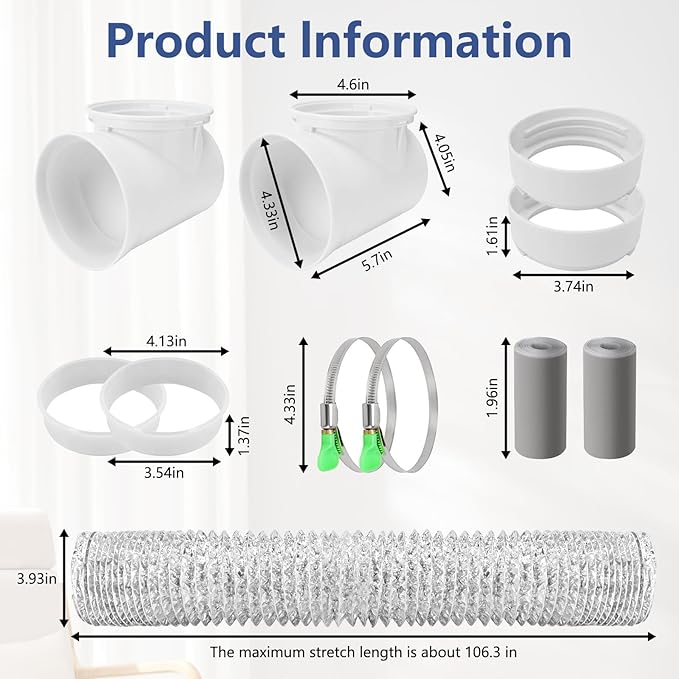Dryer Vent Hose For Tight Space | Flexible Dryer Vent Connector Kit with 4 Inch 9.8 Feet Hose | Includes 2 90-degree Dryer Vent Elbow & Dryer Vent Duct | Easy Installation Space Saving (Silvery)