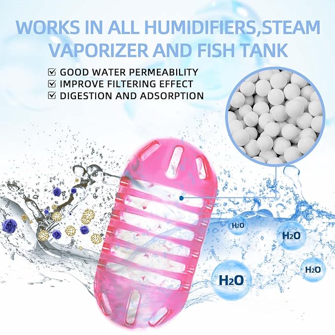 15 Pack Universal Humidifier Cleaner, Demineralization Cartridge for Humidifier Compatible with All Humidifiers and Fish Tanks Cleaning Ball, Purifies Water, Reduce Scale and White Dust, Pink