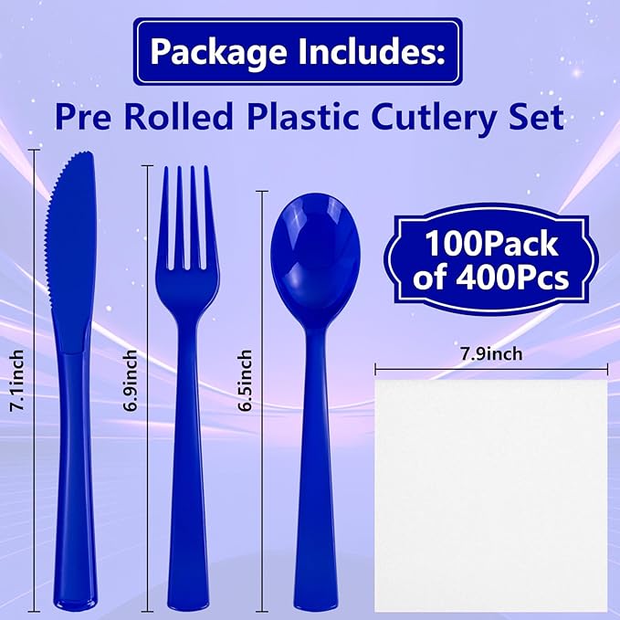 400PCS Pre Rolled Blue Plastic Silverware Sets - Heavy Duty Blue Cutlery - Include 100 Pack Wrapped Disposable Utensils with Napkins for Parties & Weddings & Independence Day & 4th of July