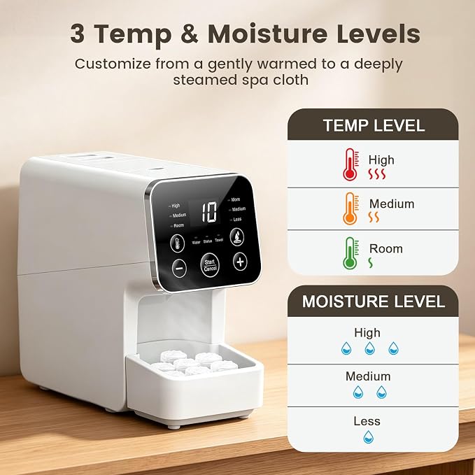 Hot Face Towel Dispenser, 3 Level Temperature and Moisture Control Automatic Towels Warmer, 5S Fast Heating Wipes Heater for Home Spa, Makeup Removal, and Daily Skincare, Plus 50PCS Compressed Towels