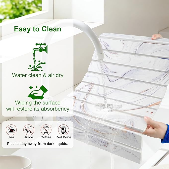 Large Stone Drying Mat for Kitchen Counter, Collapsible Stone Dish Drying Mats, Water Absorbing Diatomaceous Earth Drying Stone for Kitchen Counter, Kitchen Dish Drying Stone Mat, 24"×16" (White)