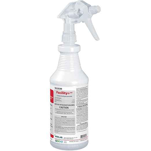 Midlab Maxim Facility+ One Step Disinfectant Cleaner and Deodorant, 1 Quart (32oz), Pack of 6, Includes 1 Trigger Sprayer, Contains Hydrogen Peroxide, Use for Fentanyl Decontamination at Full Strength