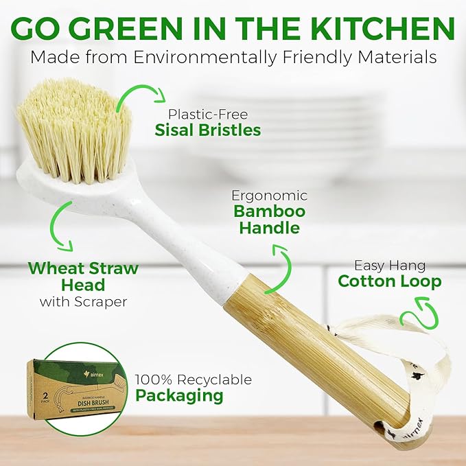 AIRNEX Bamboo Dish Brushes & Coconut Husk Scouring Pads – Eco-Friendly, Odor Free & Non-Scratch Cleaning for Dishes, Pots, Pans, and Sink – 2 Sisal Brushes & 12 Heavy-Duty Scrub Pads