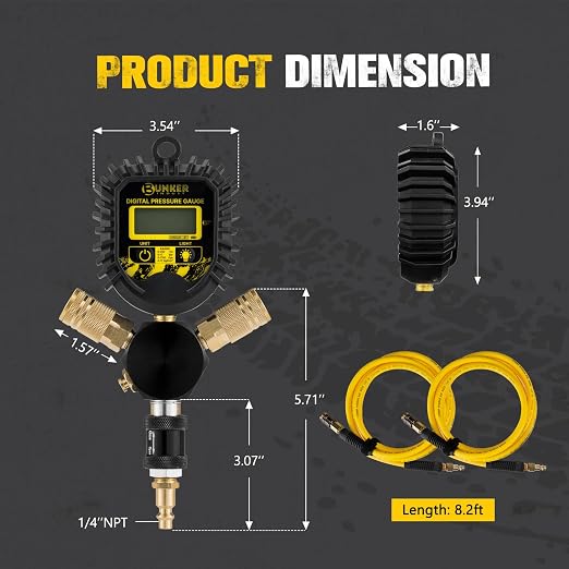 BUNKER INDUST 2 Tire Inflation Deflation System, Rapid High-Flow Air Up Down Kit with Digital Tire Pressure Gauge, 2 Wheels Off Road Tire Deflator Inflate-Up to 200" Wheelbase