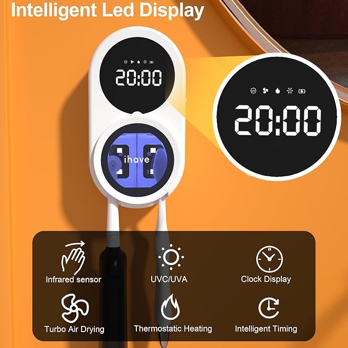 iHave UV Toothbrush Sanitizer Holder 2 Slots Wall Mounted Wave Sensor Auto | UVC+Ion 360 Dual Disinfection (No Dead Zone) • 4H Auto-Cycle (Bacteria Regrow in 4-8H) • Heat & Fan Drying • LED Time Display