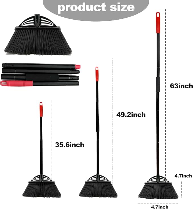 Four-Section Rod Long-Handled Broom,Heavy-Duty Broom, Angle Broom for Outdoor/Indoor（Black+Red）