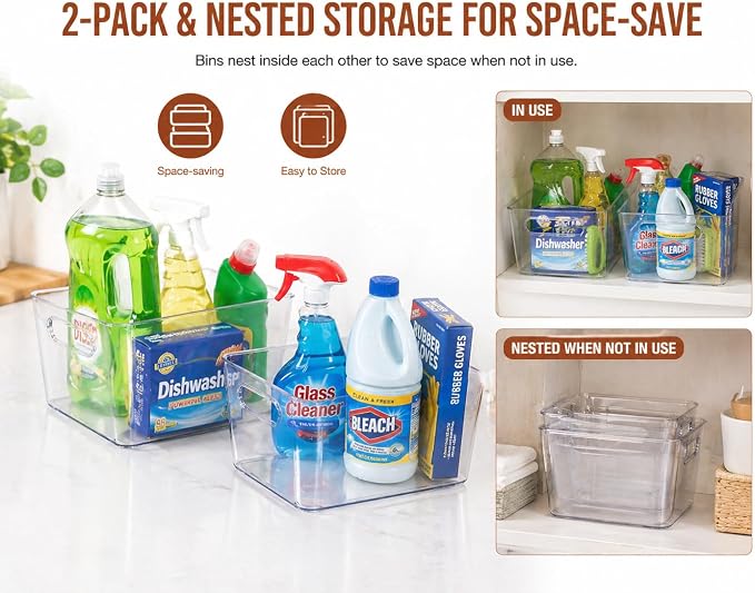 Clear Plastic Storage Bins, Pantry Organizers and Storage, Cleaning Supplies Organizer, Under Sink Storage, Snack Organizer, Multi-Use Organizer Bins for Chips, Vitamin, Spices, Makeup