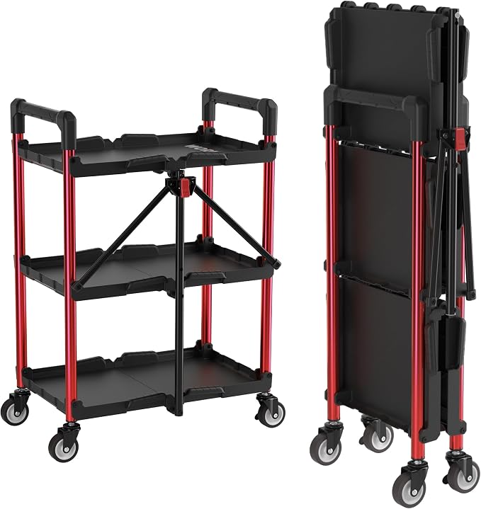 WORKPRO 3-Tier Collapsible Service Cart, Black/Red, 210 LBS Foldable Utility Cart with Wheels, Portable Rolling Tool Cart for Garage, Warehouse, Home, Restaurant and Office (No Assembly Required)