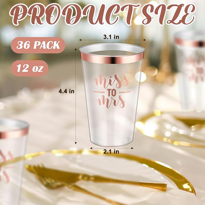 Funnymoom 36 Pcs Wedding Miss to Mrs Cups 12 oz Gold Plastic Cups Disposable Bridal Shower Drinking Tumblers Clear Wine Glasses Tumblers for Engagement Bachelorette Supplies Party Favors (Rose Gold)