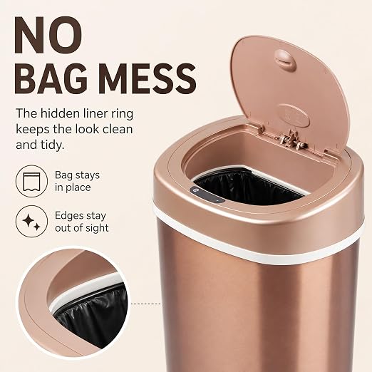 Motion Sensor Trash Can, 15L Touchless Automatic Garbage Can with Lid, Stainless Steel for Kitchen, Bathroom, Office, Quiet Soft-Close, Long Battery Life, Champagne Gold