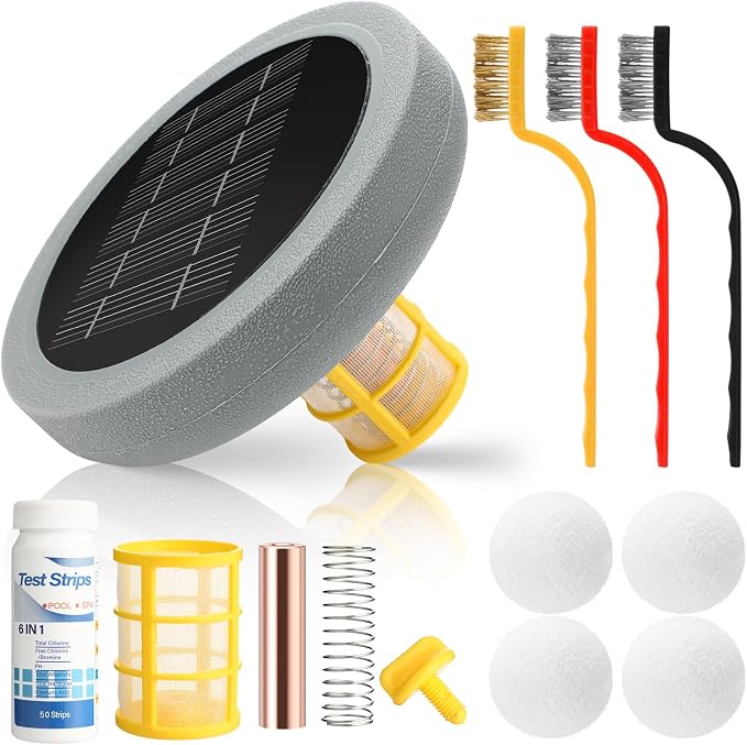 Qualirey Solar Pool Ionizer, Up to 45,000 Gallons,Floating Solar Copper Ionizer, Reduces Chlorine Use by 90%, with 4 Scum Absorber Balls for Above Ground Inground Pools Spas(Grey,Round)