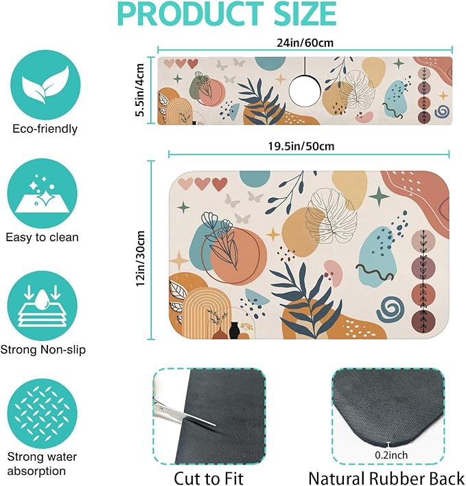 Dish Drying Mat for Kitchen Counter Matt, 2PCS 19"x12" Dish Drainer Mat & 24"x5.5" Sink Splash Guard, Super Absorbent Non-slip Rubber Backed