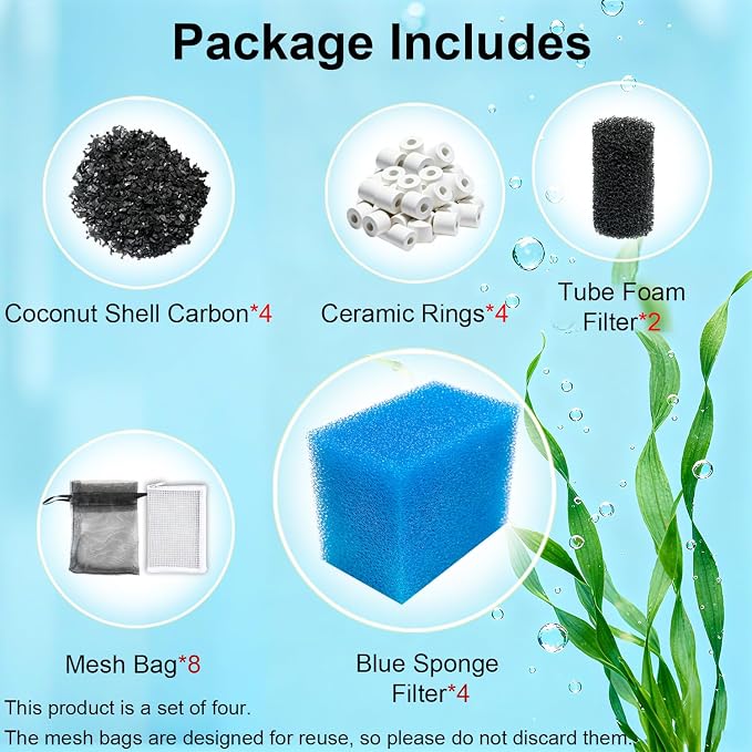 4 Sets Complete Filter Media Kit Compatible with Fluval AC20/Aquaclear 20 Power Filter for 5- to 20-Gallon Aquariums - Includes 4 Active Carbon, 4 Ceramic Rings, 2 Intake Strainer Sponges, 4 Foam