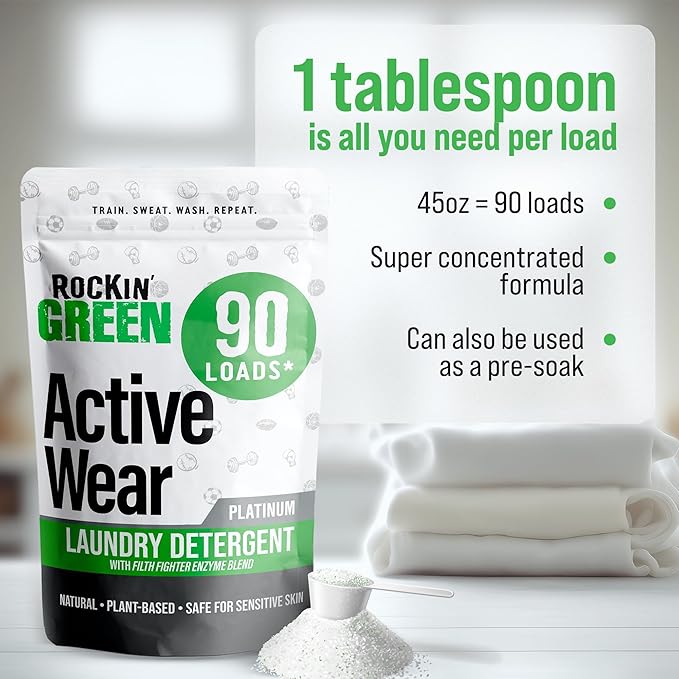 Rockin' Green Laundry Detergent Active Wear 90 Loads Unscented (45 Oz) and Washing Machine, Dish Washer and Garbage Disposal Cleaning Tablets (24 Pack) - Natural Laundry Detergent Powder, Odor Fighter