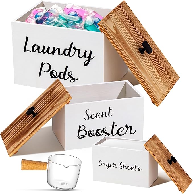 Dandat 3 Pcs Wood Laundry Pods Container Dryer Sheet Holder Dryer Sheets Holder Scent Booster Container Set with Scoop Rustic Laundry Room Beads Dispenser for Storage(White)