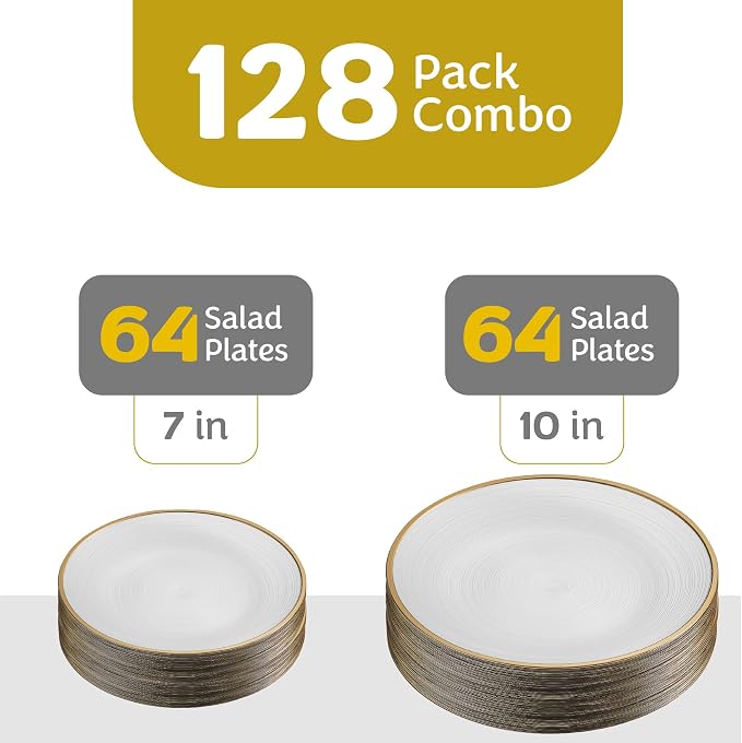 PLASTICPRO 128 Pieces Crystal Design Plastic Plates Combo Pack 7 inch and 10 inch Gold Rim Elegant Disposable Plates, Pearl White