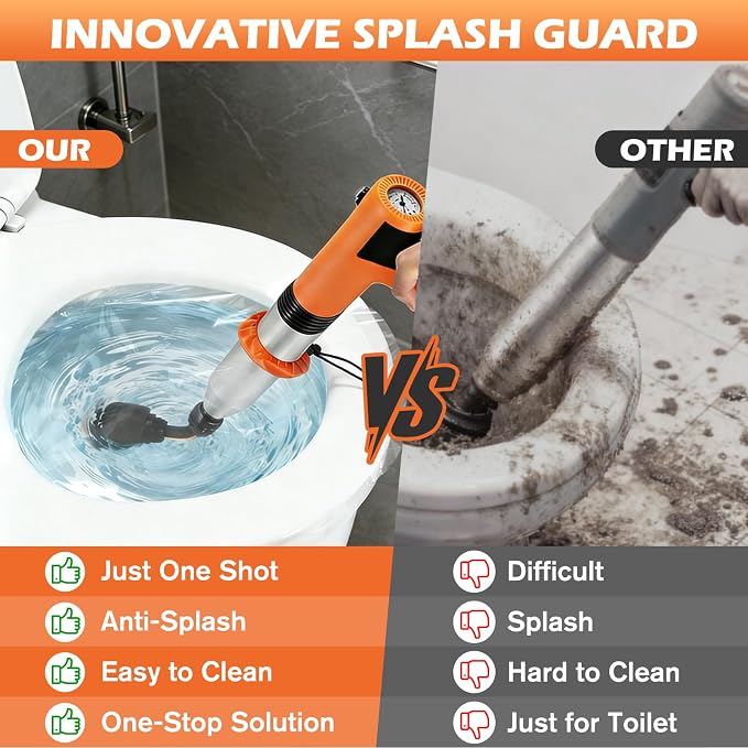 Electric Toilet Plunger, High Pressure Toilet Snake Drain Clog Remover, Splash-free Unclogger with Drain Snake Auger, Plungers for Bathroom Heavy Duty, Versatile Air Blaster Unclogger Kit (Orange)