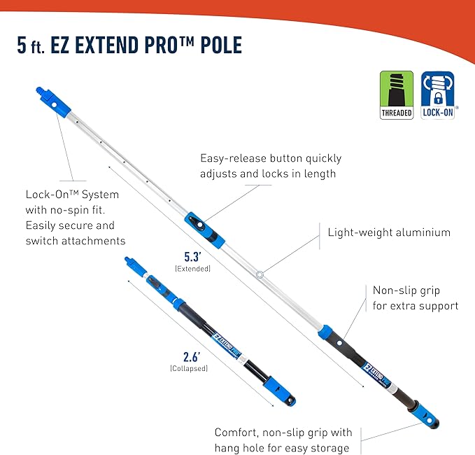 Unger Professional Lock-On Wood & Composite Deck Brush with EZ Extend Pro Telescopic Pole for Outdoor Decks with Durable Dual-Bristle, Swivel Deck Cleaning Brush, Adjustable 5 FT Pole Extends Reach