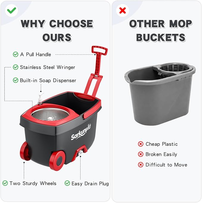 Mop and Bucket Set with Wringer, Spin Mop Floor Cleaning System with 6 Replacement Microfiber Heads & 61" Extra-Long Handle for Home Floor, Dark Grey