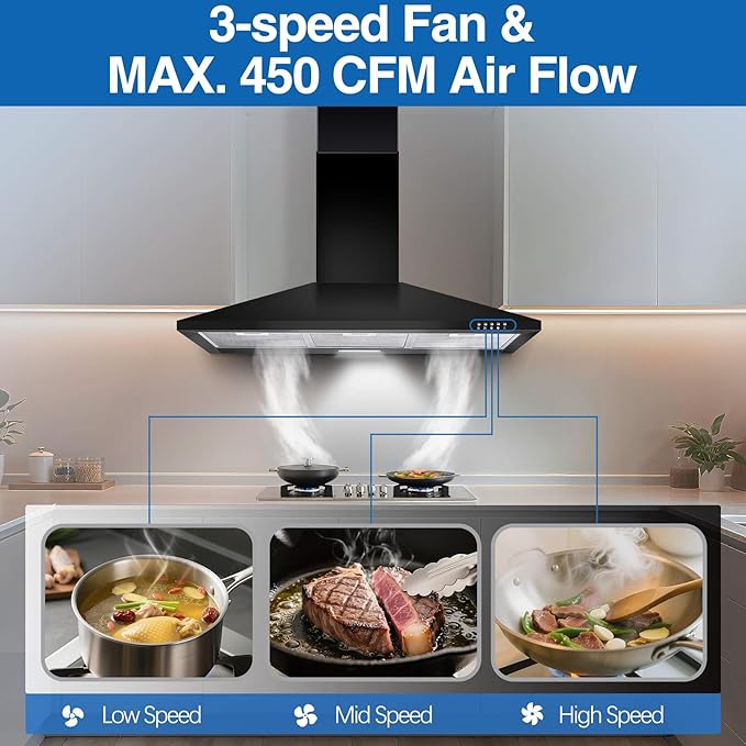 SNDOAS Range Hood 36 inch,Black Vent Hood with 450CFM & 3-Speed, Ducted/Ductless Convertible,Mesh Filters & Push Button Control for Stove Hood,Chimney-style Black Range Hood Wall Mount