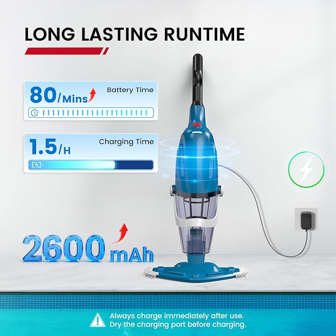 Enhulk PC40 Cordless Pool Vacuum with Pool Net, Upgraded 80 Mins Runtime, 18.5 GPM Powerful Suction, 76.8'' Telescopic Pole, 1 Filters, Handheld Pool Cleaner for Above Ground & Inground Pools