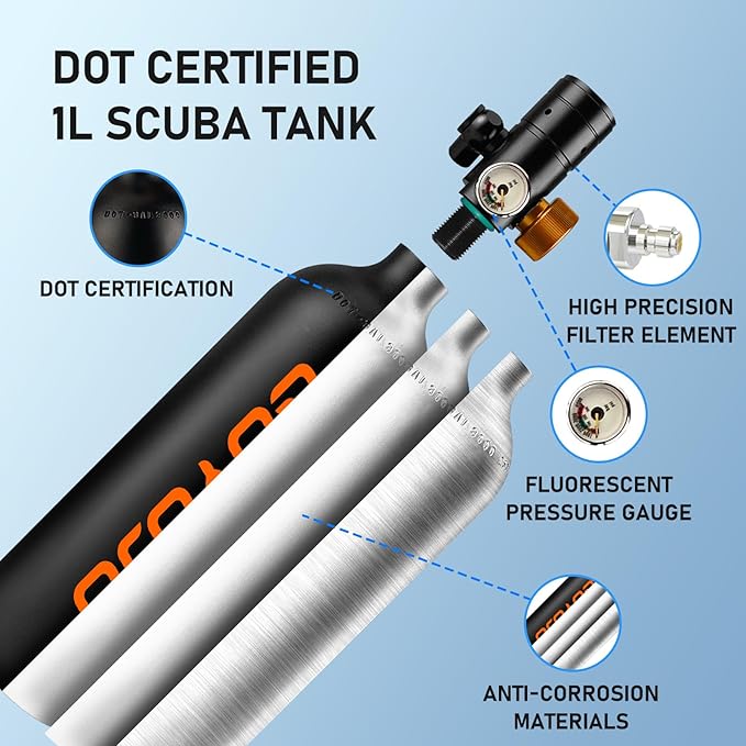 GOYOJO Mini Scuba Tank, Portable Diving Lung Air Tank with DOT Certified, Refillable Emergency Backup Pony Bottle for Snorkeling, Underwater Breathing, Training