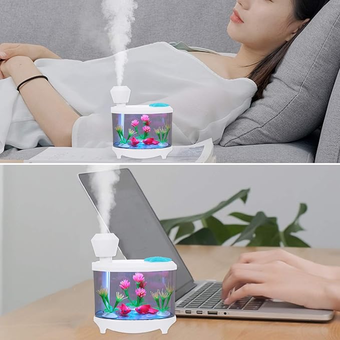 Healifty USB Humidifier Creative Fish Tank Plant Essential Oil Diffuser Household Mini Air Humidifier Night Light for Gifts Home Office Decor