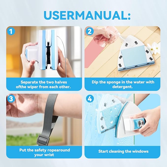 Double-Sided Magnetic Window Cleaner - Adjustable Magnetic Equipment Cleaning Brush Tool，Fits 3 - 30 mm Glass Thickness, 2.5m Safety Rope for High-Rise & Auto Glass, Safe Anti-Pinch Wiper (Blue)