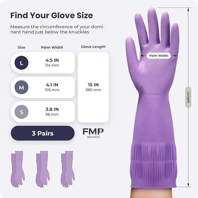 FMP Brands 3/6/12/60 Pairs 15 Inch Extra Long Rubber Dishwashing Gloves - Non-Slip for Cleaning, Kitchen, Bathroom, Gardening