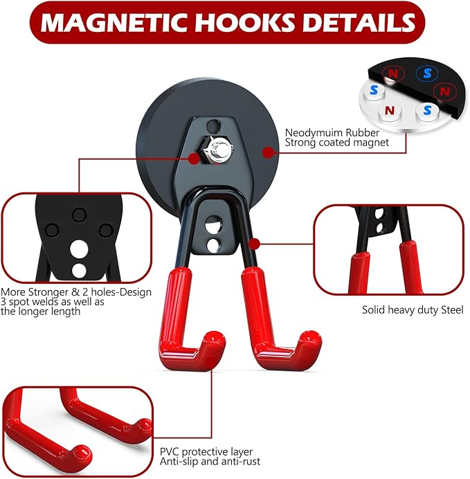 3-H Extra Strong Magnetic Hooks,Heavy Duty Large Anti-Slip Magnet Hooks,No-Drill Tool Holder for Garage,Power Drill,Garden Tools,Hose Storage,4 Pack Red