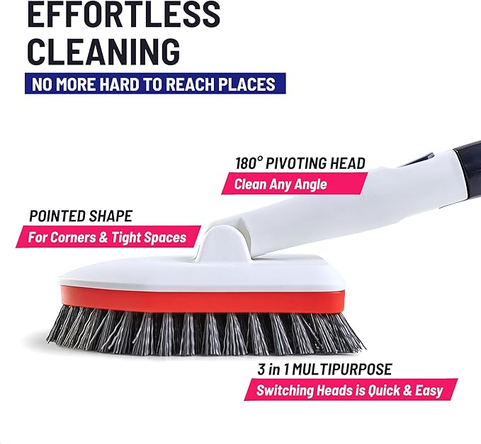 Moku Home Shower Scrubber 3 in 1 Extendable Long Handle 58" Cleaning Brush Bundle Value Pack - Non Scratch Shower Brush for Cleaning Bathroom Kitchen Toilet Wall Tub Tile Sink with 8 Refills (Red)