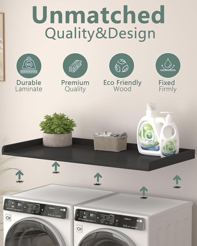 Piskyet Washer Dryer Countertop,Laundry Countertop with Edge Rails,27.5" Depth x 54" Wood Countertop for Washer and Dryer,Laundry Machine Topper for Laundry Room Organization and Storage (Black)