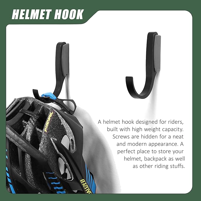 Bike Hook 2 Pack, Max 3 Inch for Mountain Bike eBike, 110 lbs Weight Capacity, with Extra Helmet Hook, Heavy duty Wall mount Bicycle Rack for Garage Storage