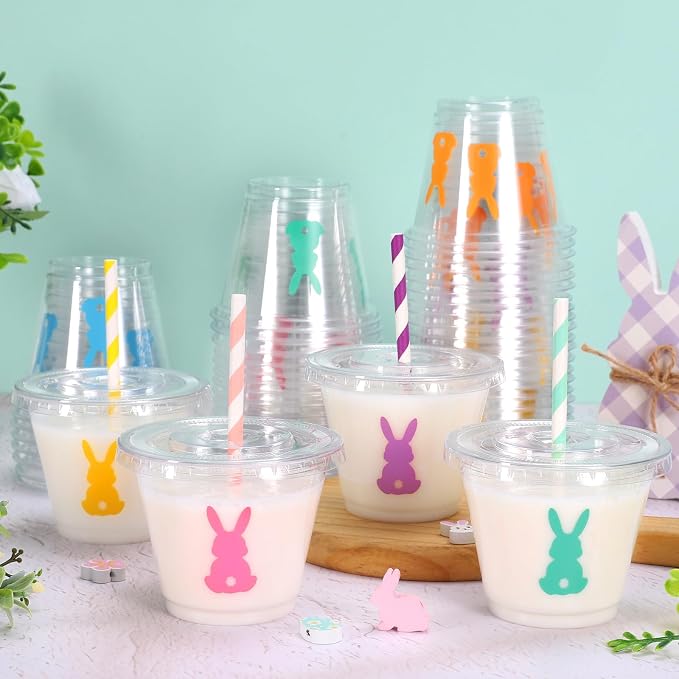 Whaline 60Pcs 9Oz Easter Disposable Plastic Cups with Lids and Straws Candy Color Bunny Rabbit Cold Beverage Drinking Cups for Iced Coffee Smooth Juice Tea Milkshake