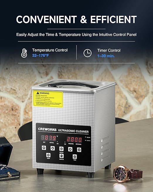 CREWORKS 2L Digital Ultrasonic Cleaner with Degas & Gentle Modes, and 17 fl oz Jewelry Cleaner Solution