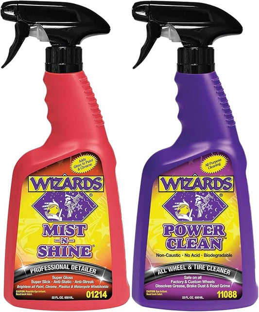 Wizards Mist-N-Shine Detail Spray and Power Clean Wheel and Tire Cleaner - ulti-Purpose High Gloss Finish Waterless Quick Detailer Spray for Glass, Chrome, Paint and Plastics - Non Caustic and No Acid