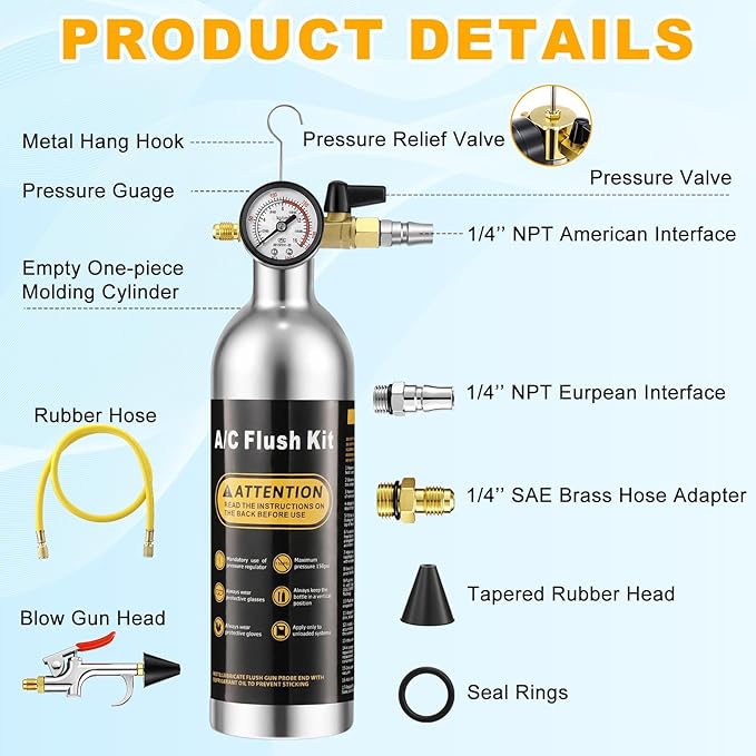 Rossesay AC Flush Kit Air Conditioner System Flush Canister Kit AC Drain Line Cleaner Tool Conditioning Pipeline Set with Gauge, Air Fittings and Hose for Car Conditioner Pipe (Aluminum,Classic)