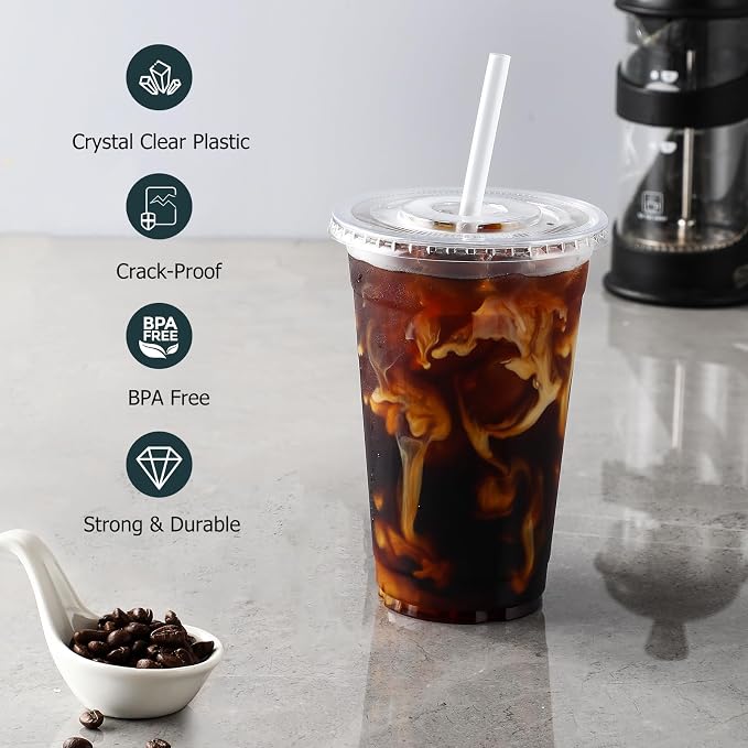 AOZITA [100 Sets 12 oz Clear Plastic Cups With Lids and Straws, Disposable Cups With Lids for Iced Coffee, Smoothie, Milkshake and Cold Drinks.