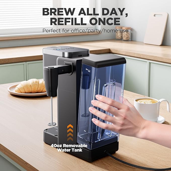 Tastyle Single Serve Coffee Maker with Built-in Detachable Milk Frother, with 30 Descaler Cleaner Tablets, Iced and Hot Coffee Machine for K Cup & Grounds, 40oz Removable Water Reservoir