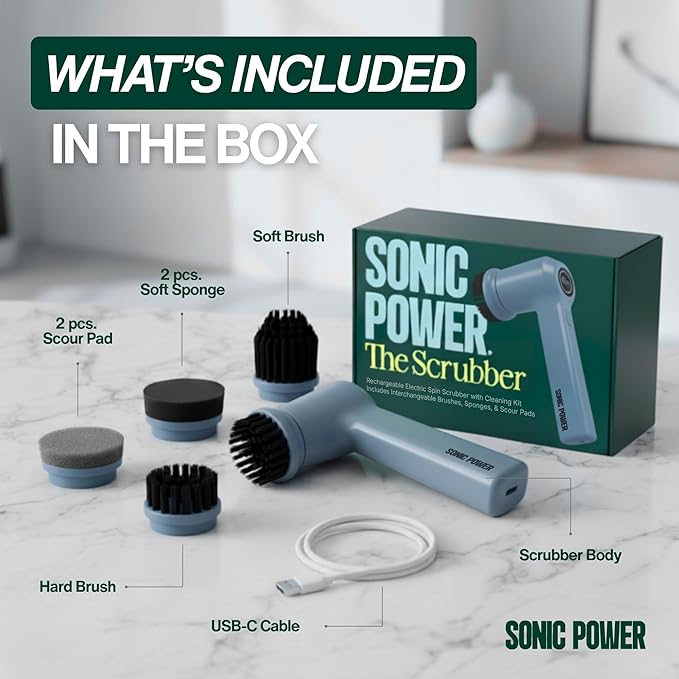 SonicPower Electric Spin Scrubber – Handheld & Ergonomic, IPX7 Waterproof, 4 Multi-Purpose Brush Heads, Long-Lasting Rechargeable Battery – Cleans Dishes, Bathroom, Tile, Grout & Kitchen (Steel Blue)