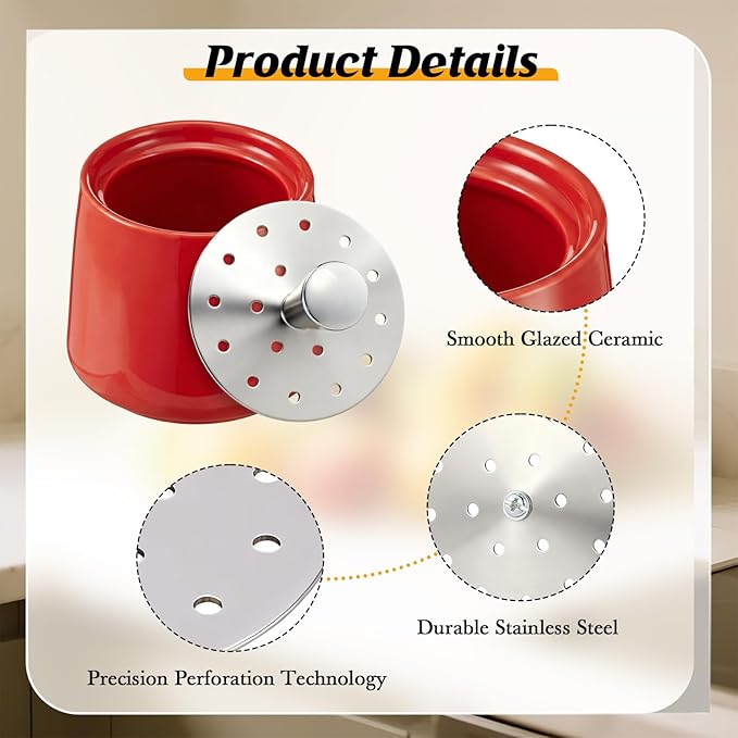 Ceramic Fruit Fly Trap for Indoors, Reusable Kitchen Fly Catcher with Stainless Steel Vent Lid, Uses Safe & Natural Vinegar Bait Trap, Dishwasher Safe, Easy to Use(Red,1 Pack)