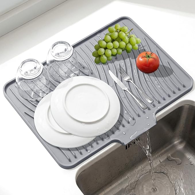 Silicone Dish Drying Mat for Kitchen Counter, Non-Slip Drain Pad with Built-in Drain, Heat Resistant Dish Drying Pad, Multi-Use Drying Mat, Dishwasher Safe & Hangable, Grey, 19.7" x 15"