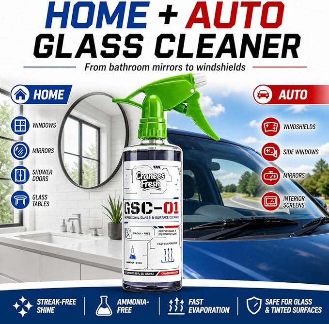 Glass & Surface Cleaner Spray, Streak-Free, Ammonia-Free, Tint Safe, Made in USA Car, Home, Shower Glass, Mirror & Multi-Surface Cleaner with Leak-Resistant Sprayer (16oz)