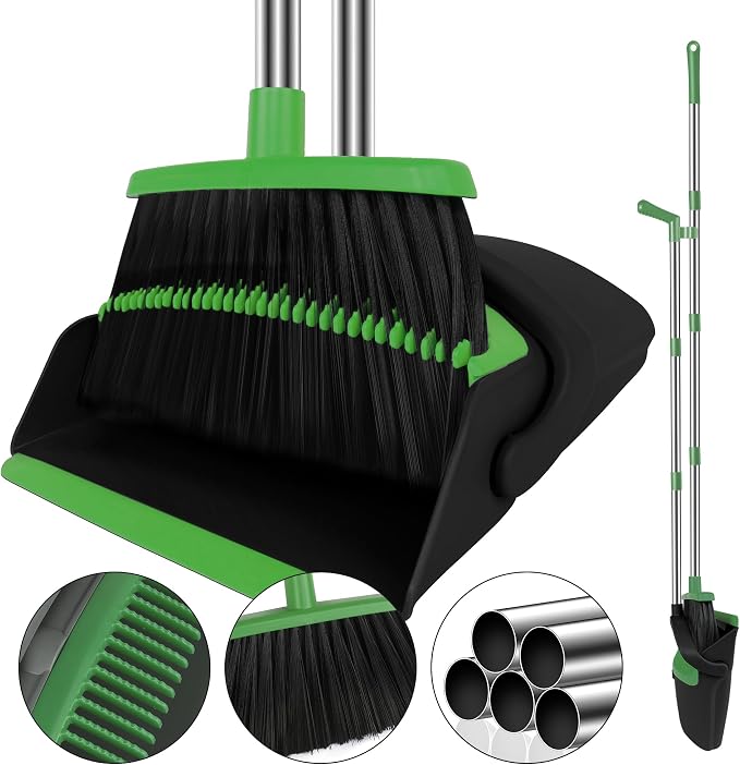 Green Broom with Dustpan Combo Set, 51" Long Handle Household Cleaning Tool, Ideal Broom and Dustpan Set for Pet Hair and Home Use