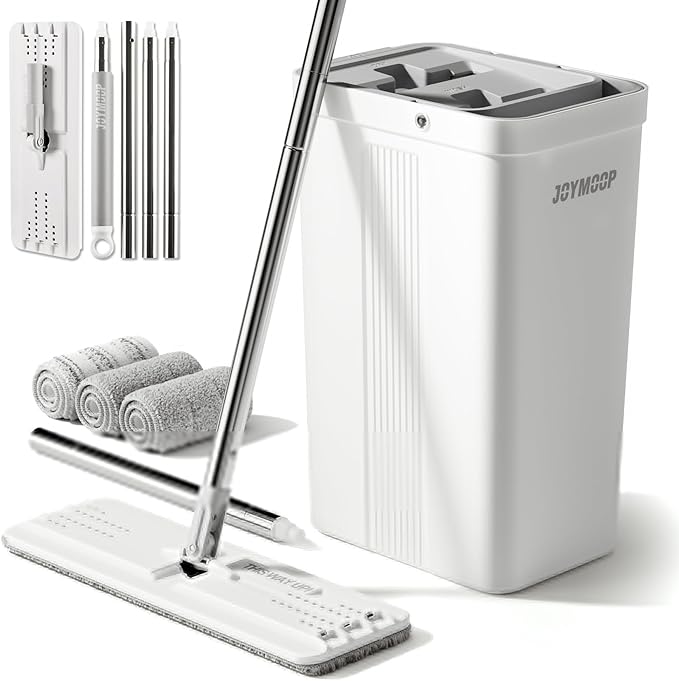 JOYMOOP Mops and Bucket with Wringer Set with 61" Mop Handle with Flexible 13" Flat Head with Flat Mop