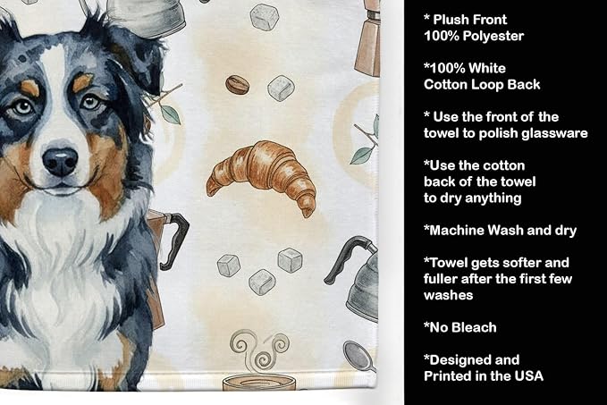 Caroline's Treasures Black Australian Shepherd Coffee Bar Kitchen Towel Velour Plush Front and Cotton Loop Back Machine Washable