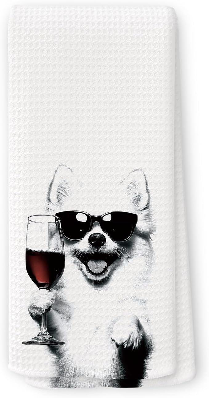 Funny Pomeranian Wine Kitchen Towels, Gifts for Dog Wine Lovers, Bar Accessories Dish Tea Towels for Kitchen, Dog Owners Housewarming Gift Decorative Hand Towel 16x24 Inch