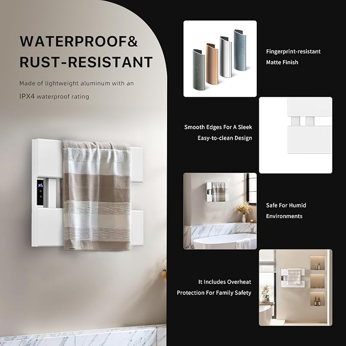 Electric Towel Warmer with Smart LED Timer, Modern [2/3/4] Bar Large Panel Heated Towel Rack, Wall-Mounted Plug-in/Hardwired 2-in-1, Rapid Warmth for Bathrooms, [Matte Black/Alpine White]