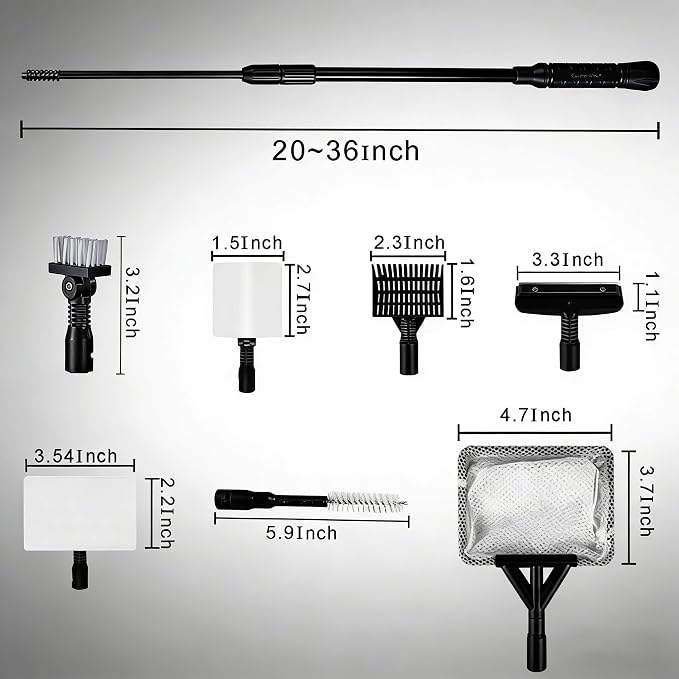Carefree Fish 6IN1+1 (2026 New Upgrade Edition) Aquarium Cleaning Tools Long Handle Adjustable Length 20~36Inches Fish Tank Cleaner Kit Algae Scraper Scrubber Brushes Set